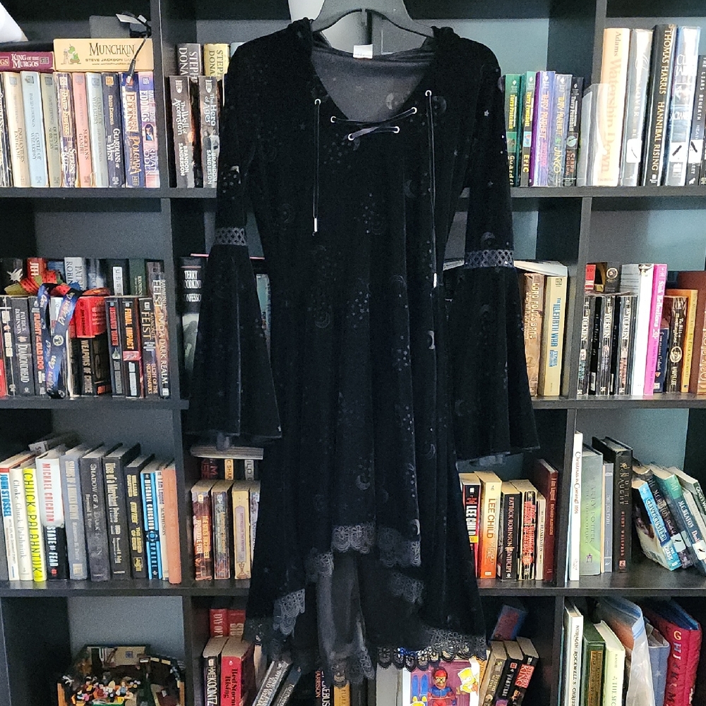 Spirit Black Velvet Lace-Up Bell Sleeve Dress